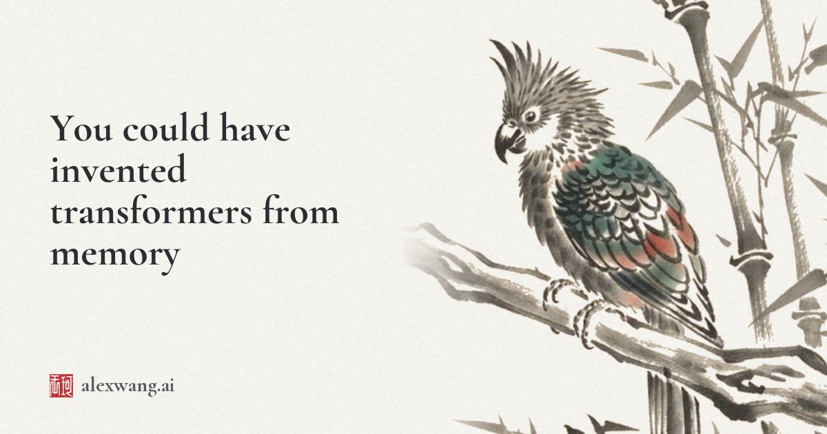 You could have invented transformers from memory, beside an ink painting of a kea on a bamboo branch