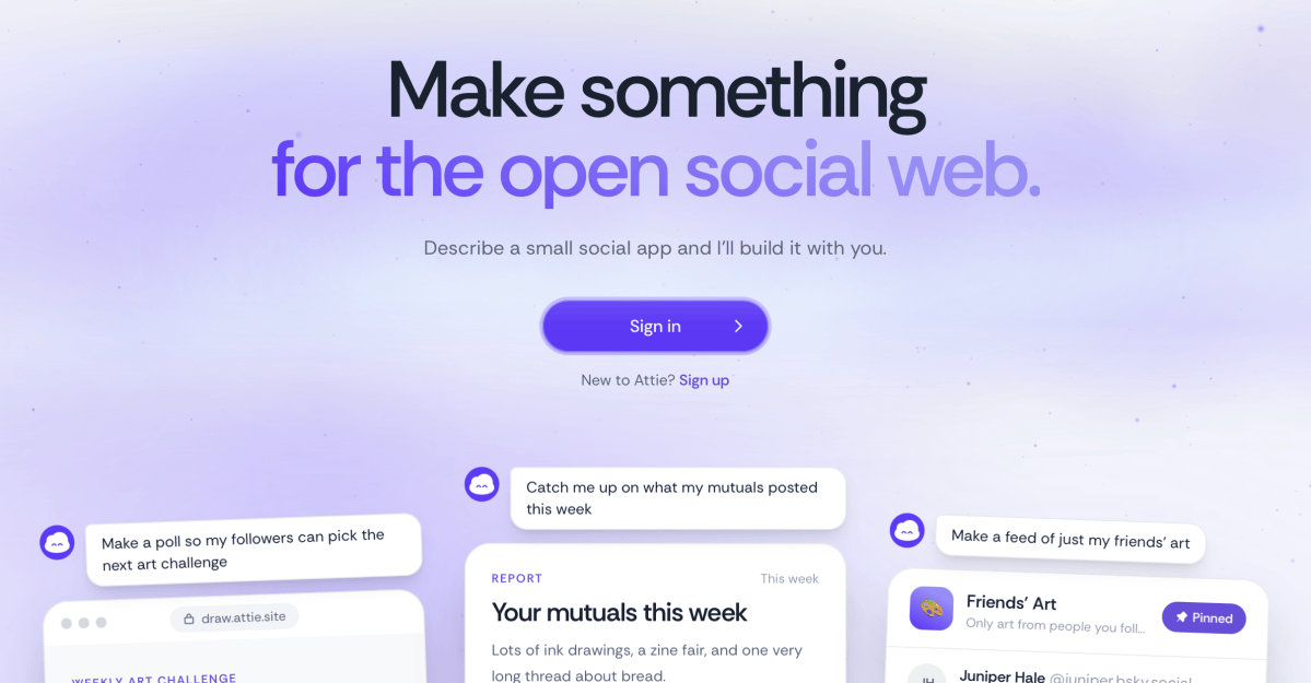 A screenshot of Bluesky’s Attie AI homepage.