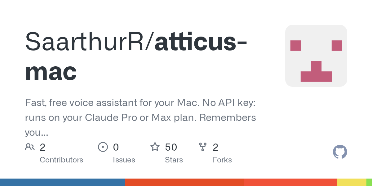 Fast, free voice assistant for your Mac. No API key: runs on your Claude Pro or Max plan. Remembers you and learns your shortcuts. Hold ⌃⌥Space and talk. - SaarthurR/atticus-mac