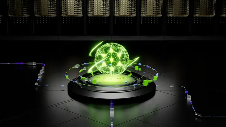 Glowing green AI network illustration in front of server racks.