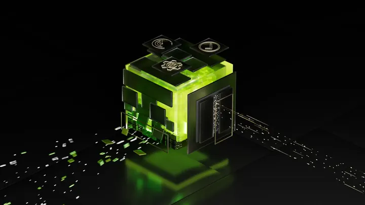 Abstract green computing cube with layered panels, performance icons, and streams of data on a black background