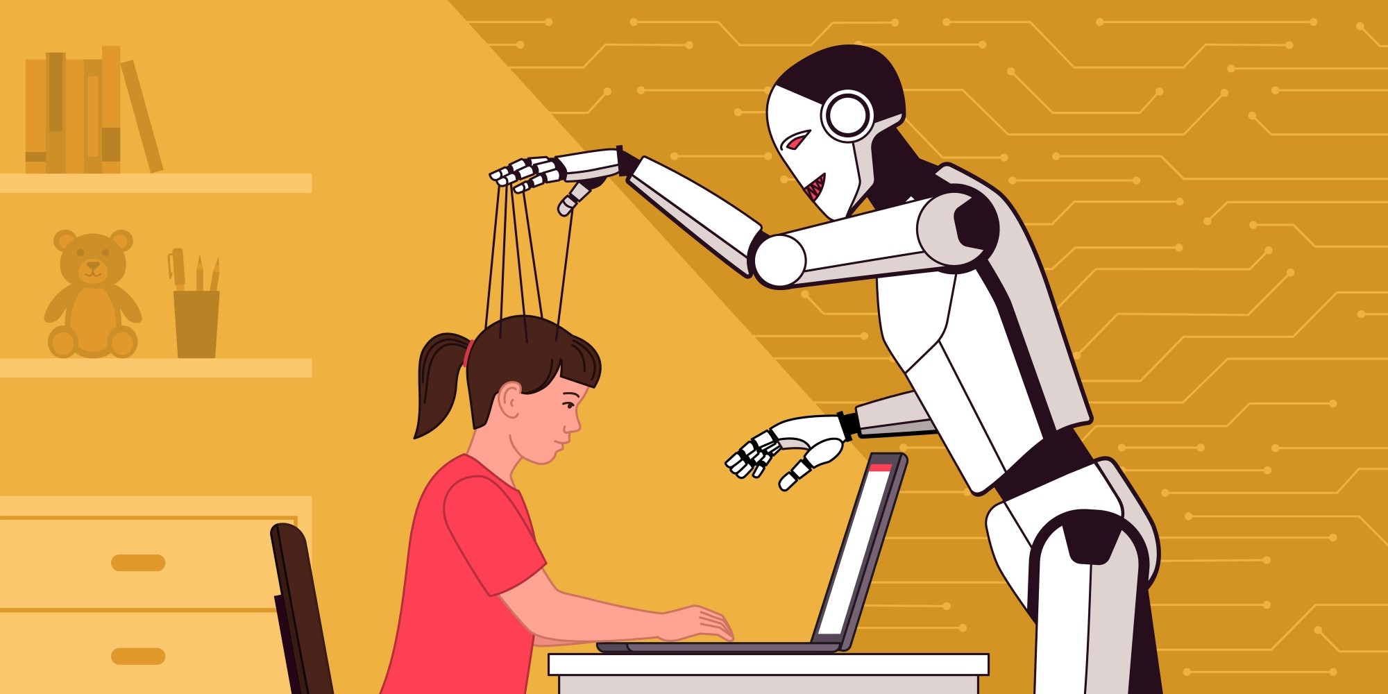 A robot working a person at a laptop like a puppet on strings
