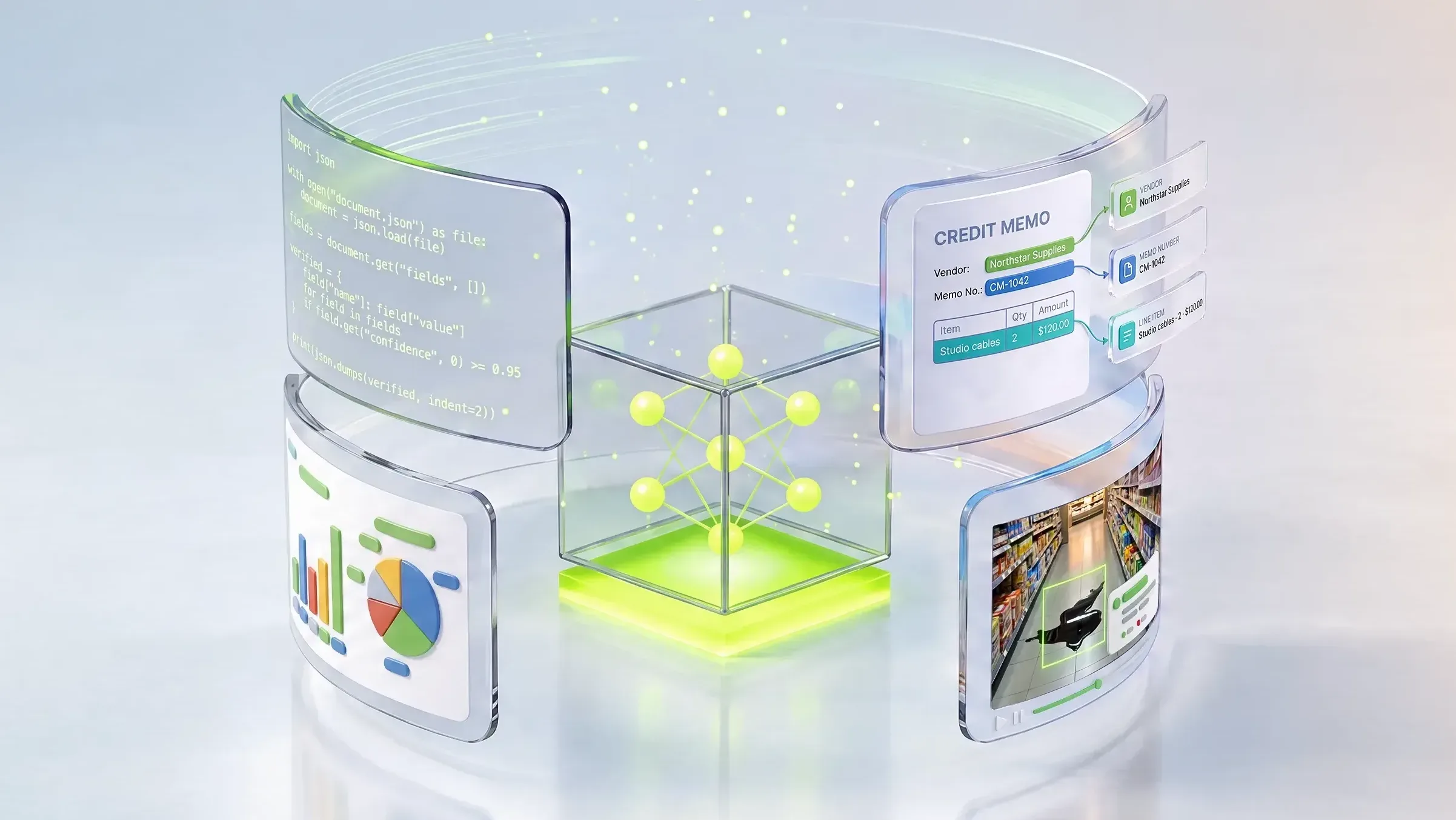 Illustration of a central AI model connecting code, charts, credit memo data extraction, and video analysis.