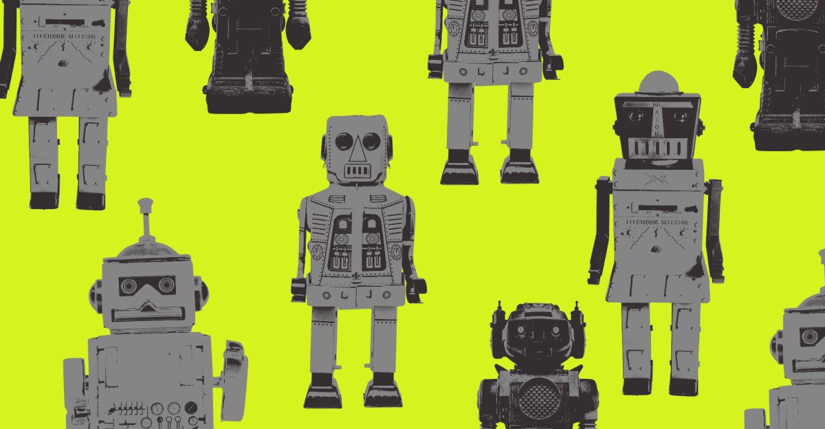 Digital collage of various toy robots.