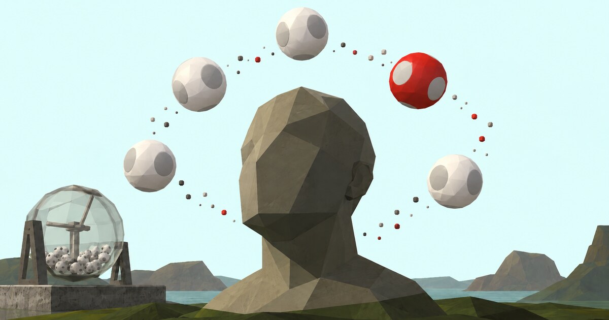 A low-poly stone head on a grassy shore, with a ring of lottery balls floating around it. One ball is red. A glass draw machine full of balls stands to its left.