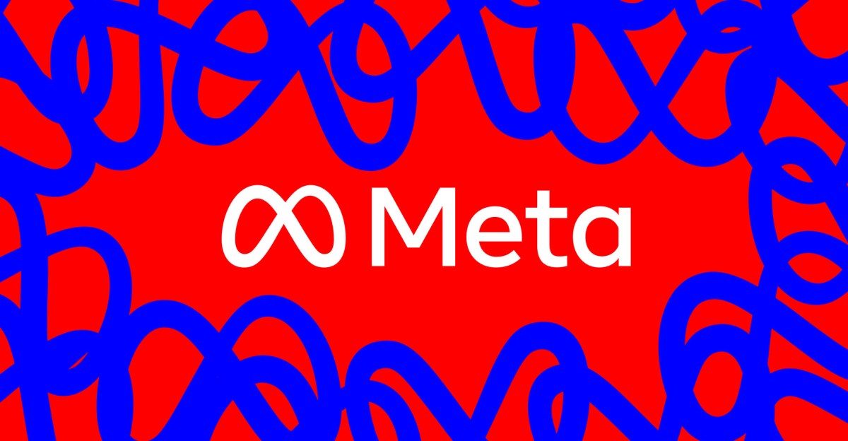 Image of Meta’s wordmark on a red background.