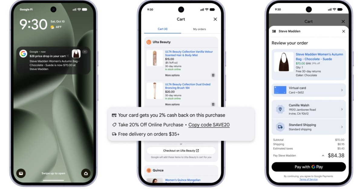 Still images showing screenshots of Google’s Universal Cart tool.