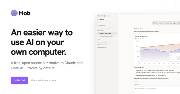 An easier way to use AI on your own computer. A free, open-source alternative to Claude and ChatGPT that runs open-weight models like Gemma and gpt-oss locally on Mac, Windows and Linux. Private, a...