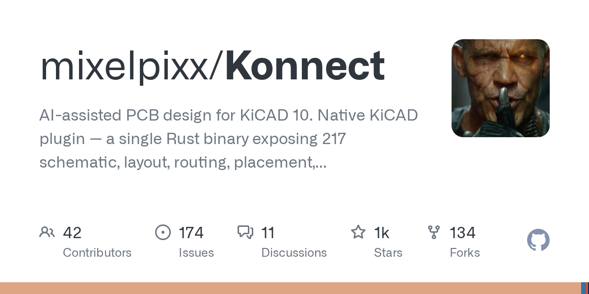 AI-assisted PCB design for KiCAD 10. Native KiCAD plugin — a single Rust binary exposing 217 schematic, layout, routing, placement, design-review, and manufacturing tools to Claude, or the LLM of y...