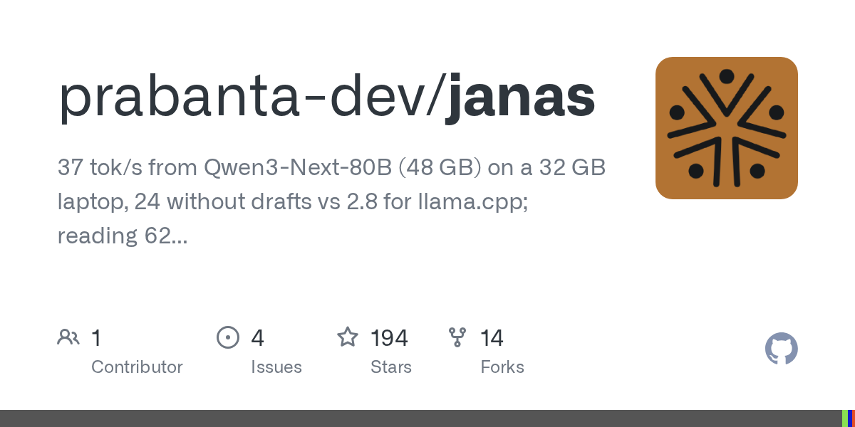37 tok/s from Qwen3-Next-80B (48 GB) on a 32 GB laptop, 24 without drafts vs 2.8 for llama.cpp; reading 62 vs 16 tok/s. Faster than llama.cpp on all 13 models compared in Q4_K_M. LLMs bigger than y...