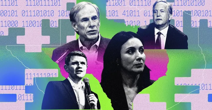 Greg Abbott, Gina Hinojosa, James Talarico, and Ken Paxton in the shape of the Texas with glitchy effects.