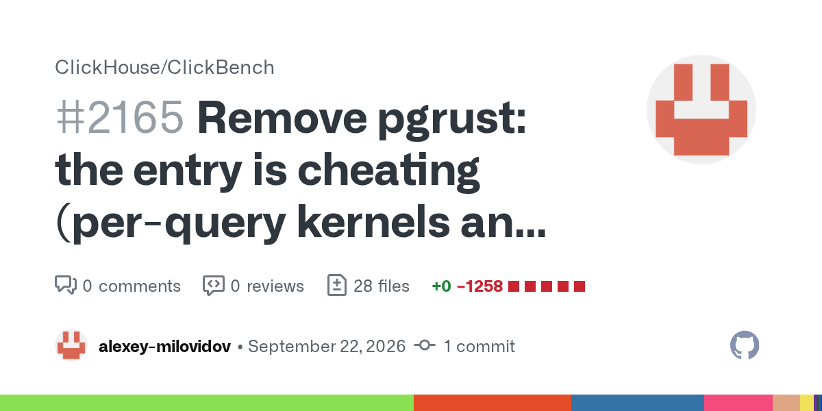 This removes the pgrust entry (added in #1163, updated to v0.4-preview in #2106) from the benchmark. The results it reports are produced by machinery written specifically for the 43 ClickBench quer...