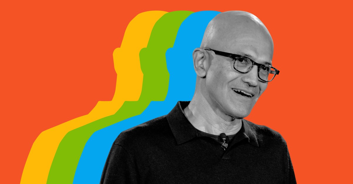 Satya Nadella on a graphic background of the red, blue, green, and yellow.