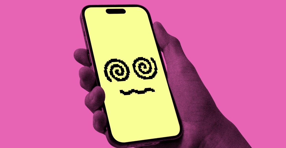Pixelated face with swirly eyes on a phone to represent a chatbot.