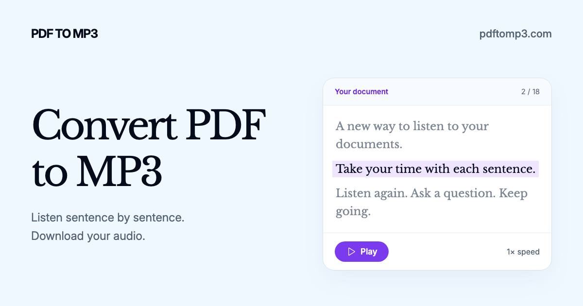 Convert PDF to MP3 at pdftomp3.com. Listen sentence by sentence and download your audio.