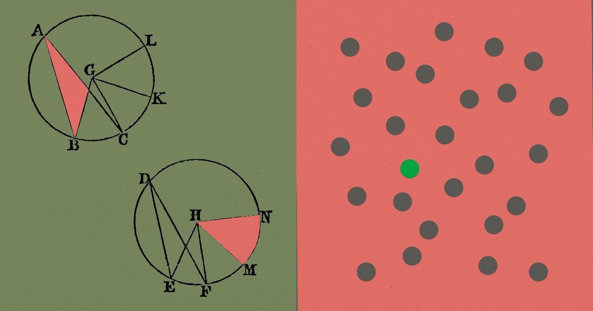 Two-panel illustration: on a green background, two hand-drawn geometry diagrams of lettered circles with red-shaded shapes; on a red background, scattered grey dots with a single green dot among them.