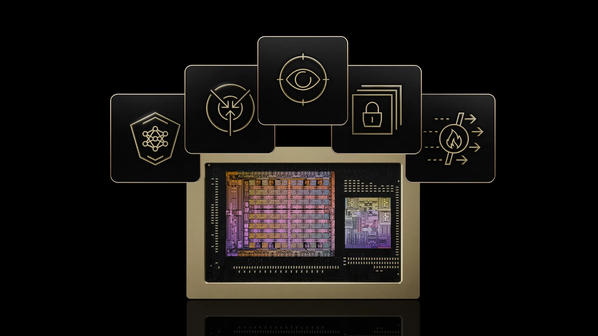 NVIDIA BlueField chip beneath icons representing AI protection, traffic control, monitoring, data security, and a firewall.