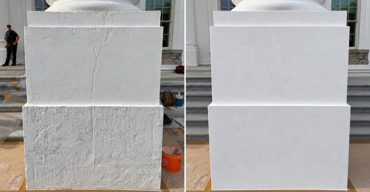 A before and after photo of a White House column that appears to be edited with AI