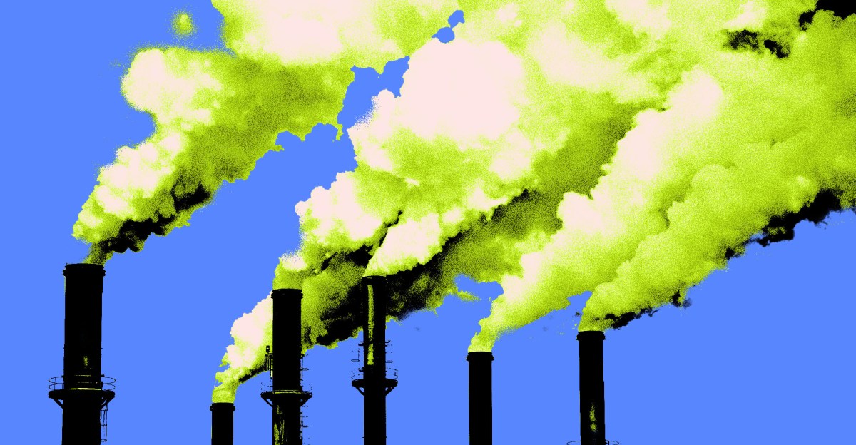 Photo illustration of industrial smokestacks.