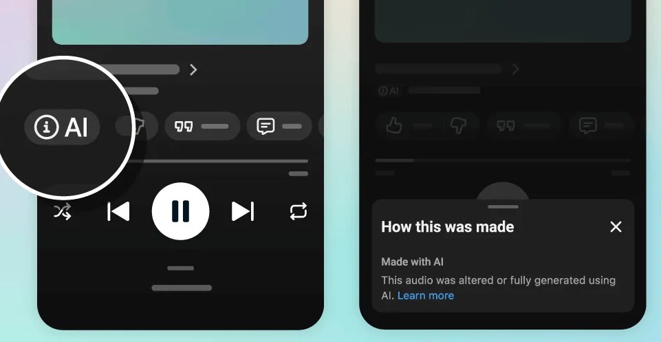 Simulated screenshots of the YouTube Music app showing where the AI label and info will be
